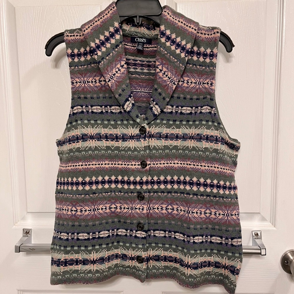 Chaps Womens Fair Isle Knit Sweater Vest Shawl Collar Button Front Green Large